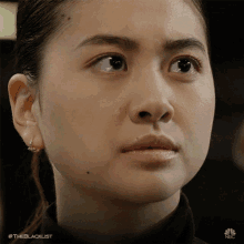 a close up of a woman 's face with #theblacklist on the bottom