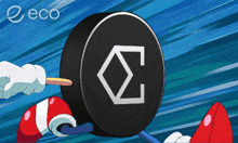 a cartoon drawing of a person holding a puck with a letter c on it