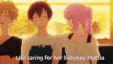 a girl with pink hair is standing next to a boy with closed eyes and says lisa caring for her baby boy mattia