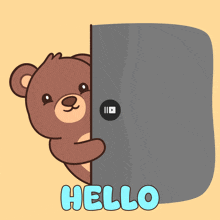 a teddy bear peeking out from behind a door with the word hello written below it