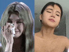 a woman with green hair is crying next to a woman without a shirt on