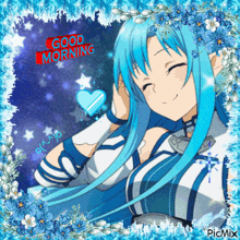 a picture of a girl with blue hair and the words good morning on the bottom