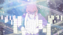 a person with pink hair is playing a musical instrument in front of a screen that says ' why ' on it