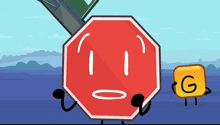 a stop sign is standing next to a yellow sign that has the letter g on it