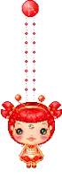 a pixel art of a girl with red hair and a sign on her head