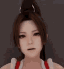 a close up of a woman 's face with a ponytail in her hair .