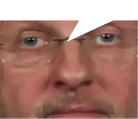 a close up of a man 's face with glasses and a speech bubble