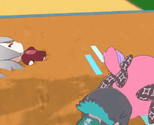 a cartoon of a girl with purple hair and blue eyes standing next to a stuffed animal