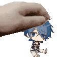 a pixel art of a hand putting a toy on top of a chibi boy .