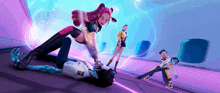 a group of cartoon characters are fighting each other on a purple background .