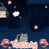 a cartoon drawing of a cat with the words tuesday written on it