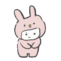 a cartoon drawing of a pink bunny with a yellow eye