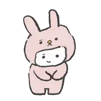a cartoon drawing of a pink bunny with a yellow eye