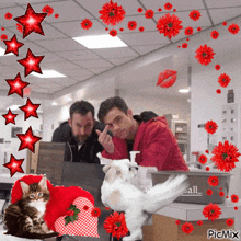 a picture of two men and a cat with red flowers and a picmix logo in the corner