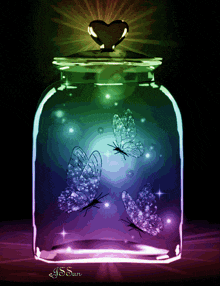three butterflies are in a jar with a heart shaped lid by j.s. san