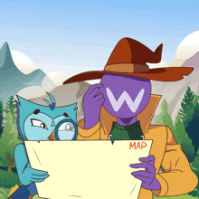 two cartoon characters are looking at a map and one has the letter w on his hat