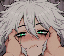 a girl with white hair and green eyes is being held by someone