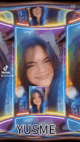 a girl with blue hair is smiling in a colorful frame with the name yusme on it