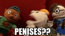 a group of puppets are sitting on a red couch with the word penises written in white letters