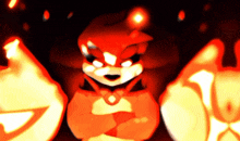 a cartoon character is surrounded by flames and looks angry