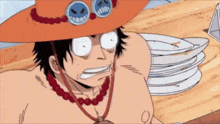a cartoon character wearing a hat and goggles is standing in front of a stack of plates