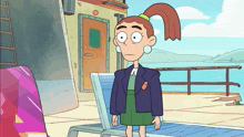 a cartoon character with a ponytail is standing in front of a building