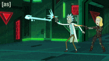 a cartoon of rick and morty fighting a monster with the letters [ as ] on the bottom right