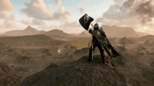 a man in a knight 's armor is standing on top of a rock holding a flag