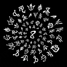 a circle of white symbols on a black background with the number 8 in the center