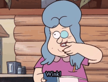 a cartoon character says wink while holding something in her hand