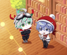 two anime characters standing next to each other in front of a bookshelf