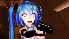 a girl with blue hair is holding a gun in her hand and making a funny face .