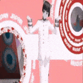 a girl is dancing in front of a sign that says japan on it