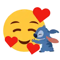 stitch is hugging a yellow smiley face with hearts around it