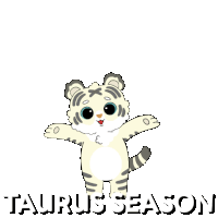 a cartoon illustration of a white tiger with its arms outstretched and the words taurus season written below it .