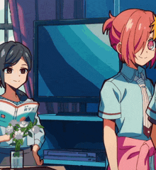two anime girls are standing next to each other and one is holding a book that says ' mathematics ' on it