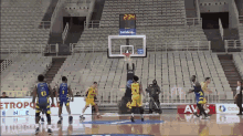 a basketball game is being played in an empty stadium and the scoreboard says 2:34