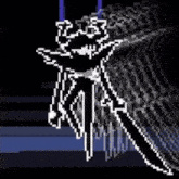 a pixel art drawing of a person holding a sword in a dark room .