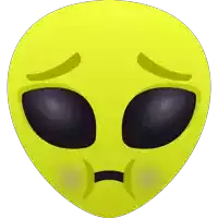 a yellow alien face with black eyes and a sad look on it 's face