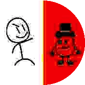 a red circle with a stick figure and a smiley face