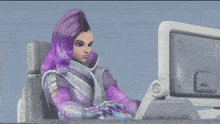 a woman with purple hair is giving a thumbs up sign