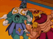a group of cartoon characters are fighting each other and one of them has the letter sc on his chest