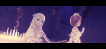two anime girls are standing next to each other