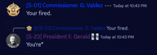 a screenshot of a conversation between s-01 commissioner g valdez and president f. gerald