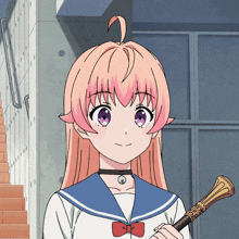 a girl with pink hair is holding a cane in her hand