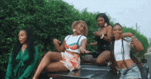 a group of women are posing for a picture on the back of a car .
