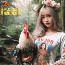 a woman holding a rooster with a shirt that says sv388 on it