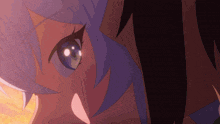 a close up of a person 's face with a purple background