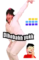 a girl is jumping in the air with the words " dihobahn yukk " on her back