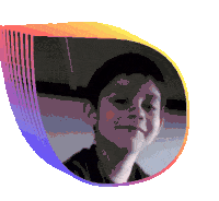 a pixelated image of a boy in a circle with a rainbow colored border